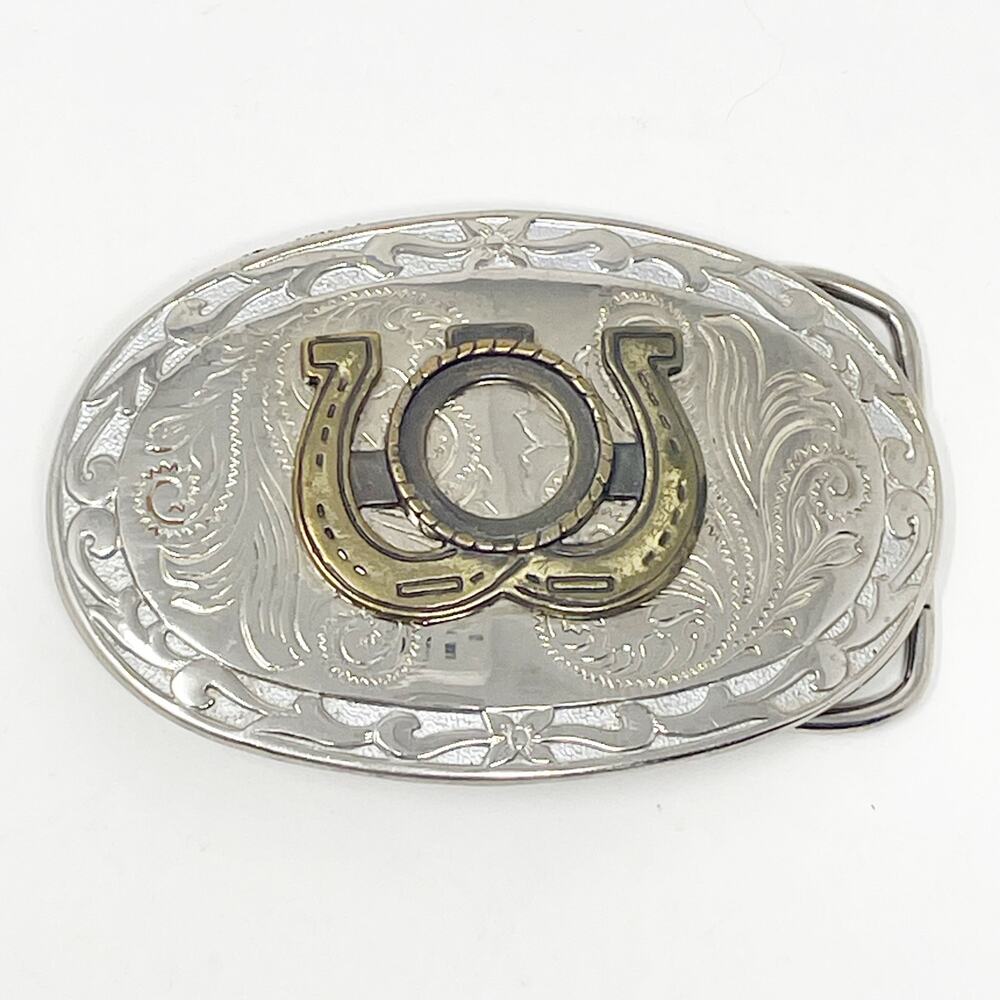 Vintage Double Horseshoe Two Tone Belt Buckle 3 Inch Filigree Missing Stone